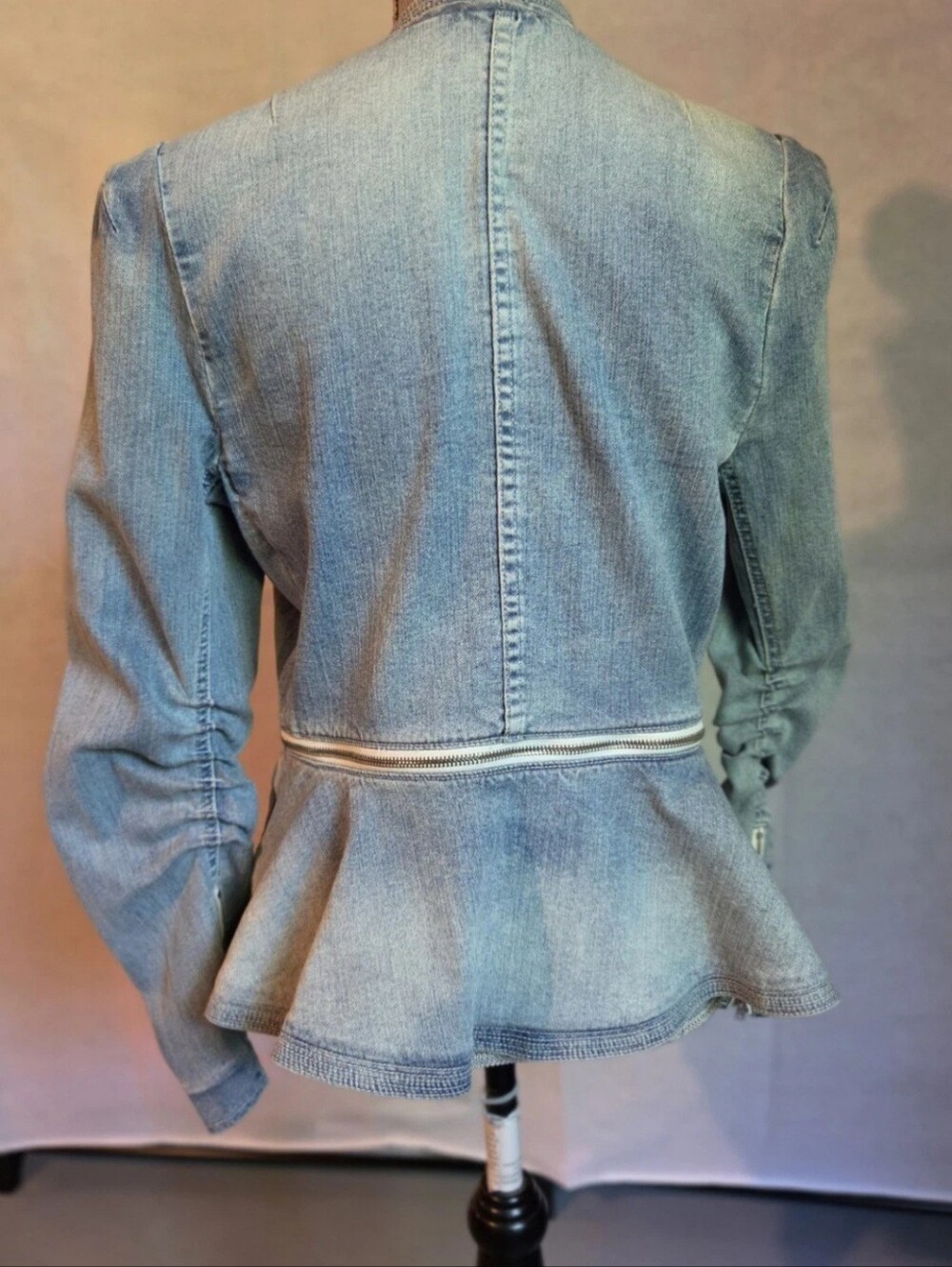 REBECCA TAYLOR Womens 12 Blue Denim Peplum Zip Accent Jacket Ruched Sleeves - Picture 4 of 12